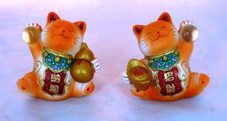 Pair Fortune Cat Maneki Neko Lucky Japanese Orange