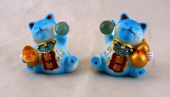 Pair Fortune Cat Maneki Neko Lucky Japanese Blue